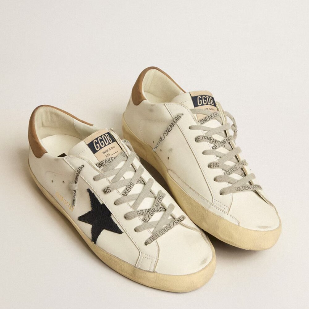 Men's Super-Star in white leather with midnight-blue canvas star and tobacco